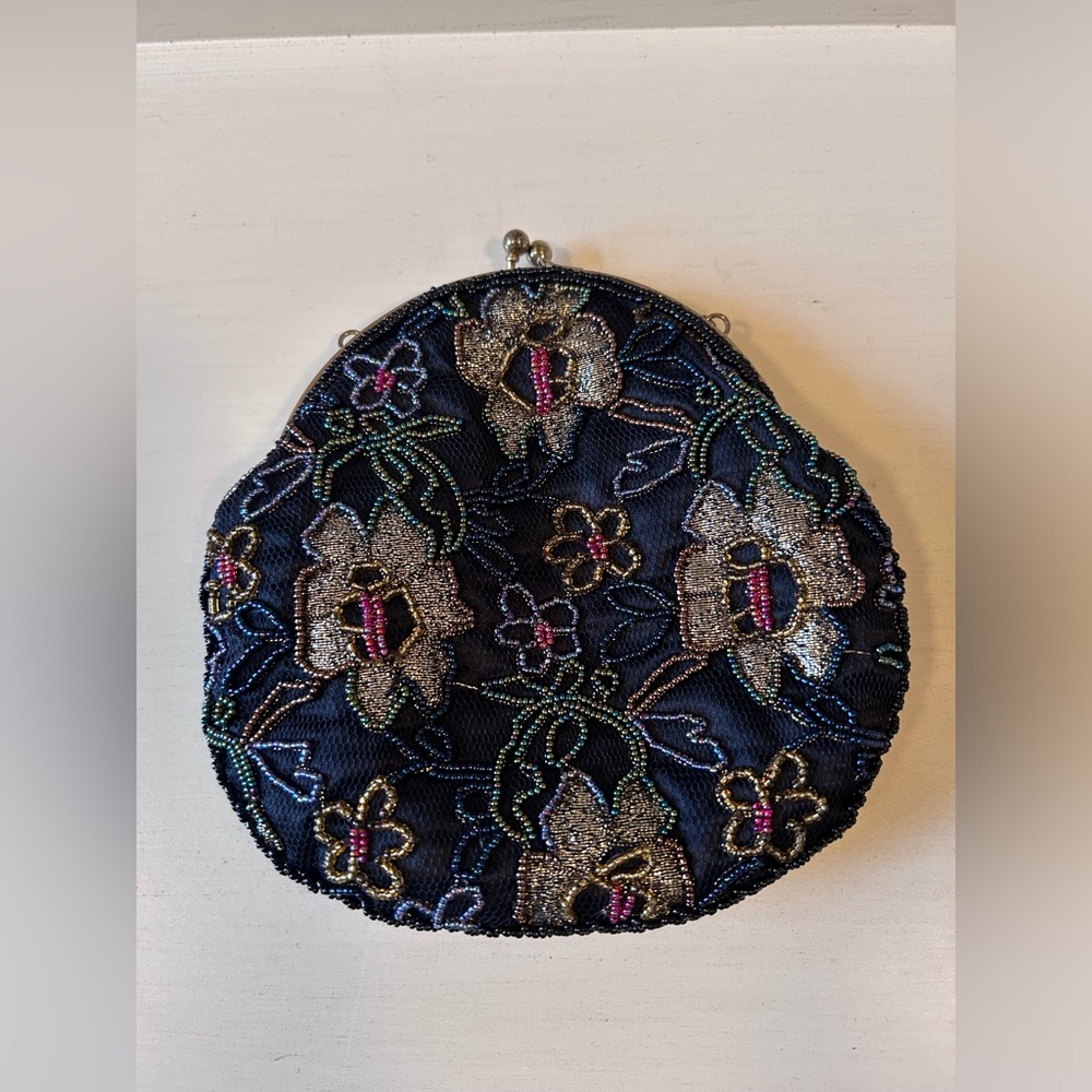 Beaded Floral Navy Evening Clutch